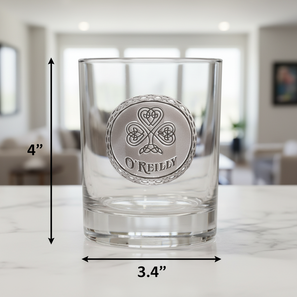 Celtic Shamrock Personalized Whiskey Glass dimensions infographic showing 4 inches tall by 3.4 inches wide with 11 oz capacity