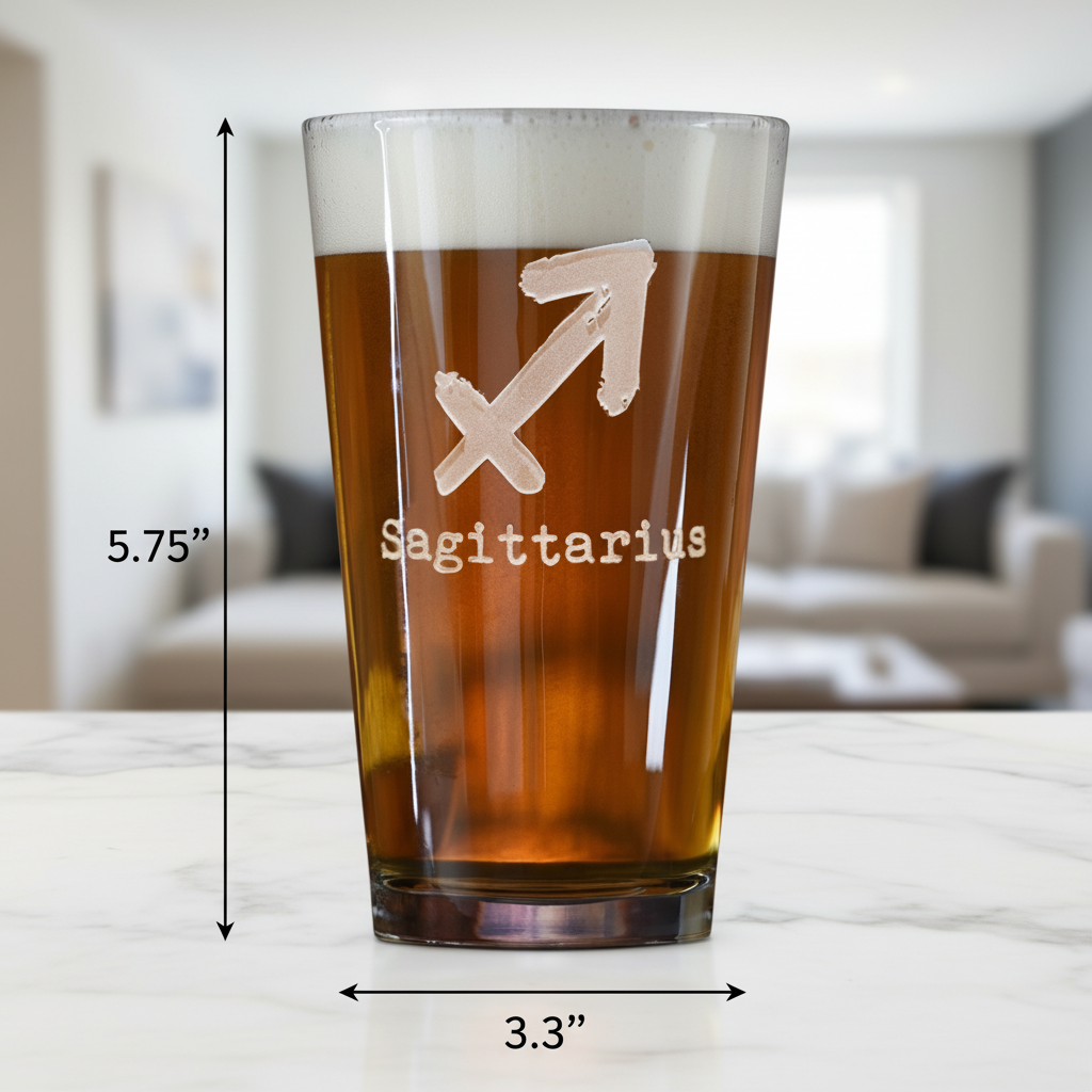 Zodiac Sign Pint Glass dimensions infographic showing 5.75 inches tall by 3.3 inches wide with 16 oz capacity