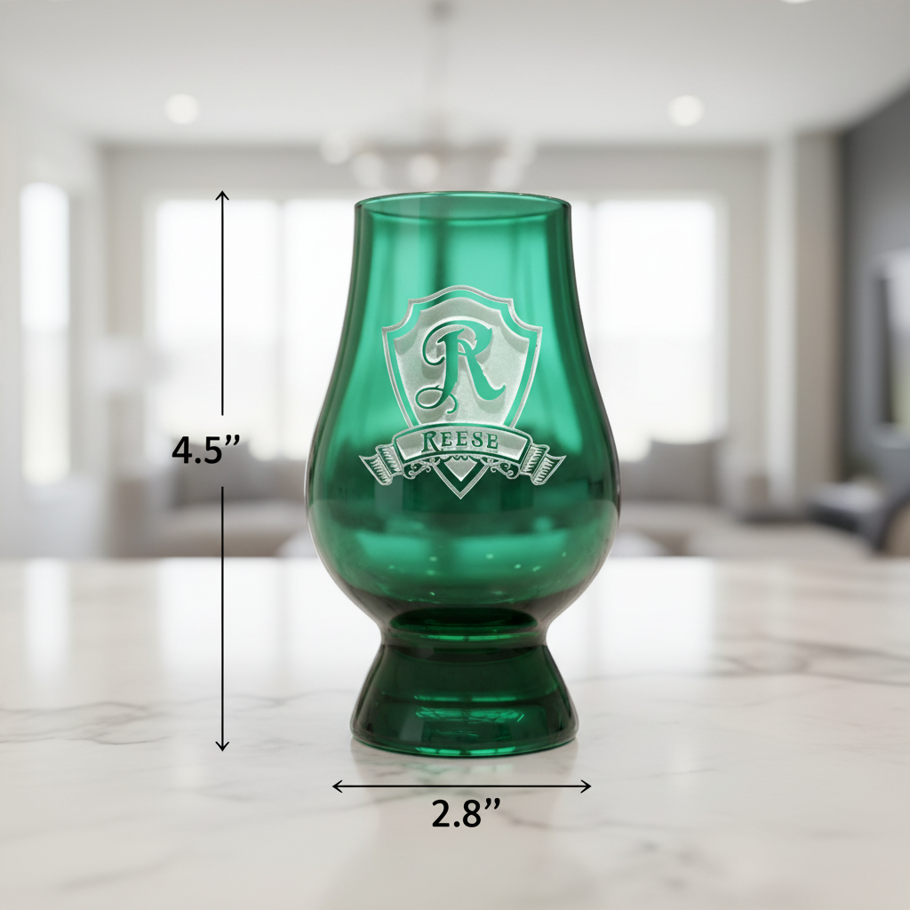 Heritage Crest Personalized Glencairn Glass dimensions infographic showing 4.5 inches tall by 2.8 inches wide with 6.5 oz capacity