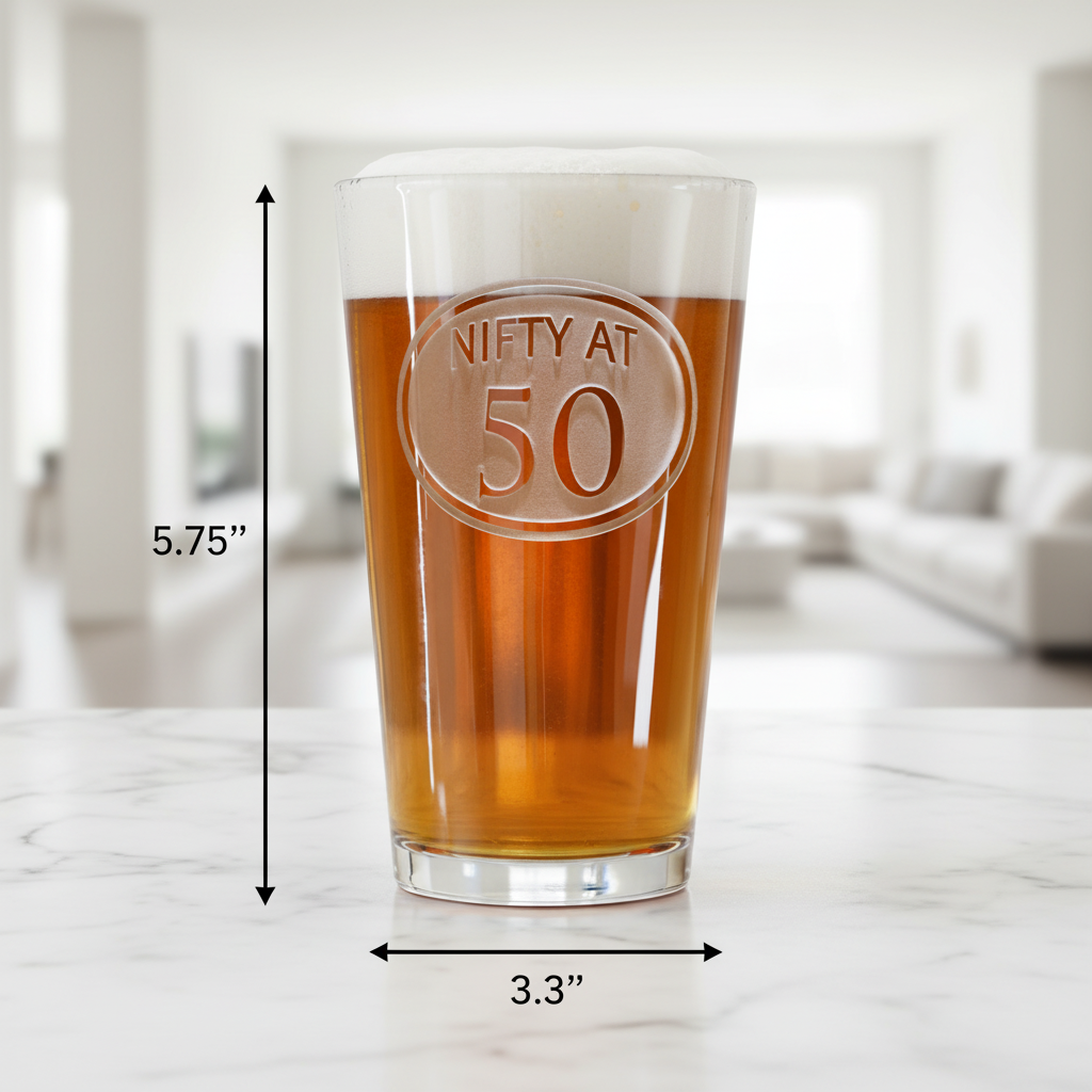 Half Century Personalized Pint Glass dimensions infographic showing 5.75 inches tall by 3.3 inches wide with 16 oz capacity