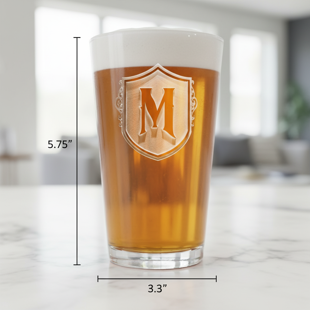 Shield Standard Personalized Pint Glass dimensions infographic showing 5.75 inches tall by 3.3 inches wide with 16 oz capacity