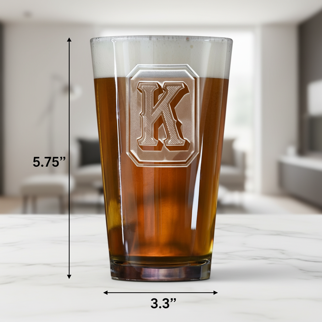 Bold Initial Personalized Pint Glass dimensions infographic showing 5.75 inches tall by 3.3 inches wide with 16 oz capacity