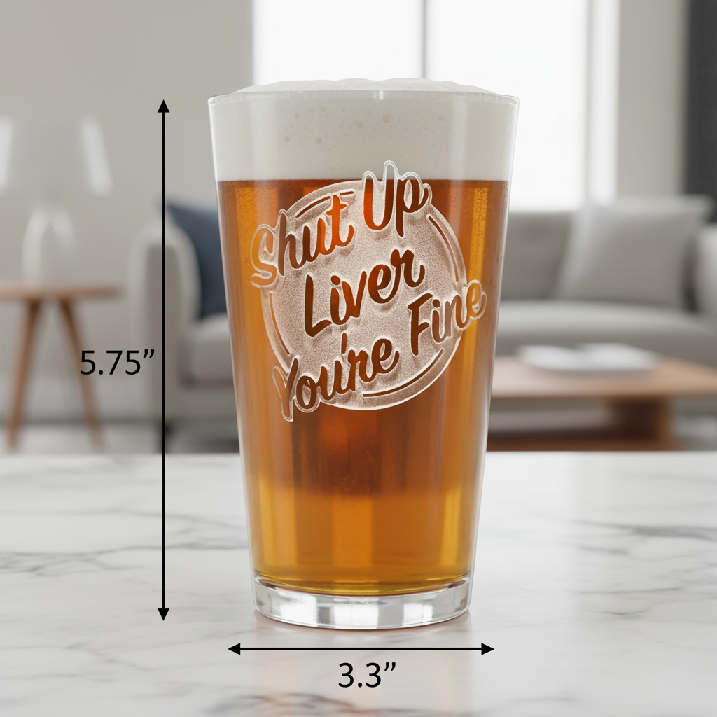 Shut Up Liver Pint Glass dimensions infographic showing 5.75 inches tall by 3.3 inches wide with 16 oz capacity