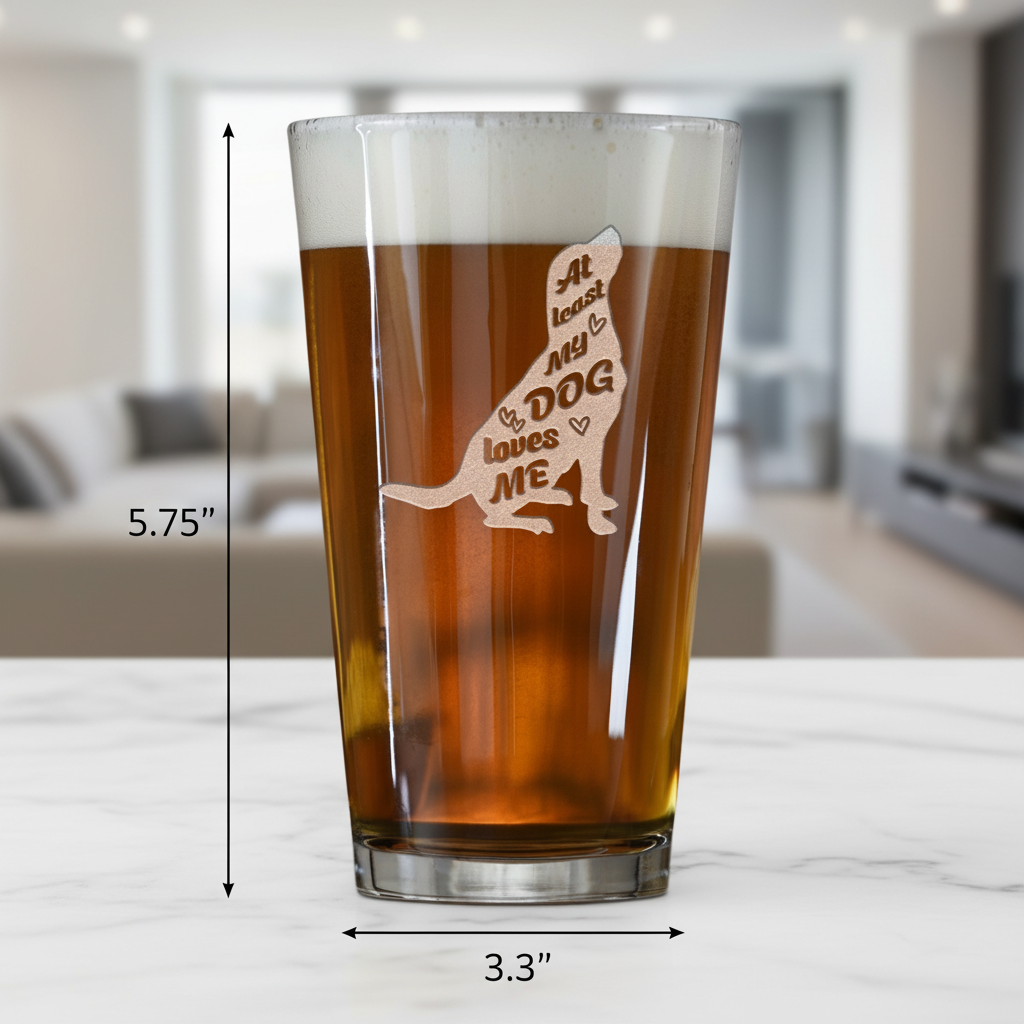 Dog Loves Me Personalized Pint Glass dimensions infographic showing 5.75 inches tall by 3.3 inches wide with 16 oz capacity