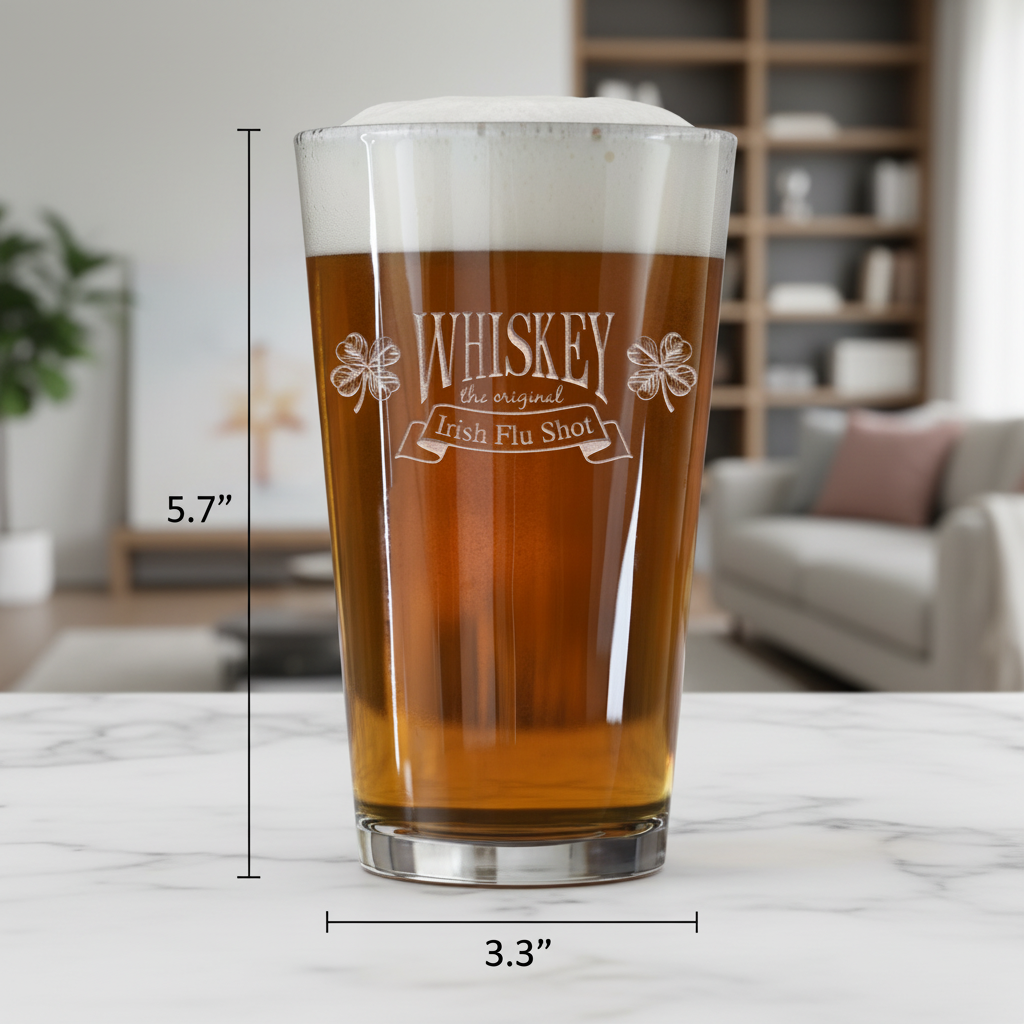 Irish Flu Shot Pint Glass dimensions infographic showing 5.75 inches tall by 3.3 inches wide with 16 oz capacity