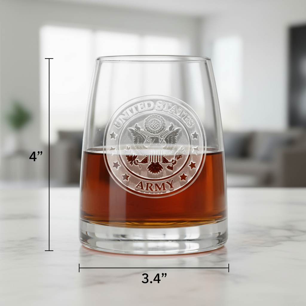 US Army Seal Whiskey Glass dimensions infographic showing 4 inches tall by 3.4 inches wide with 11 oz capacity