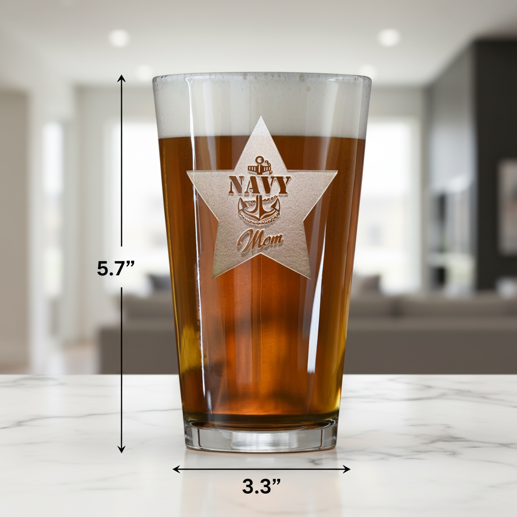 Navy Mom Pint Glass dimensions infographic showing 5.75 inches tall by 3.3 inches wide with 16 oz capacity