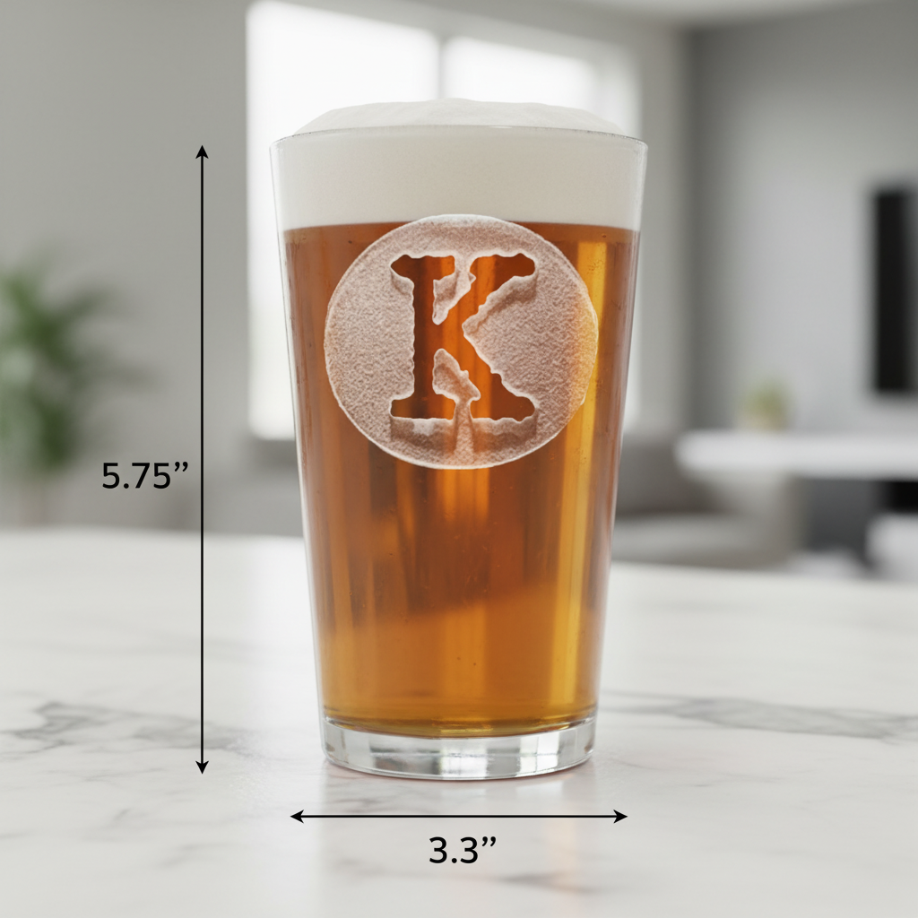 Initial Circle Personalized Pint Glass dimensions infographic showing 5.75 inches tall by 3.3 inches wide with 16 oz capacity