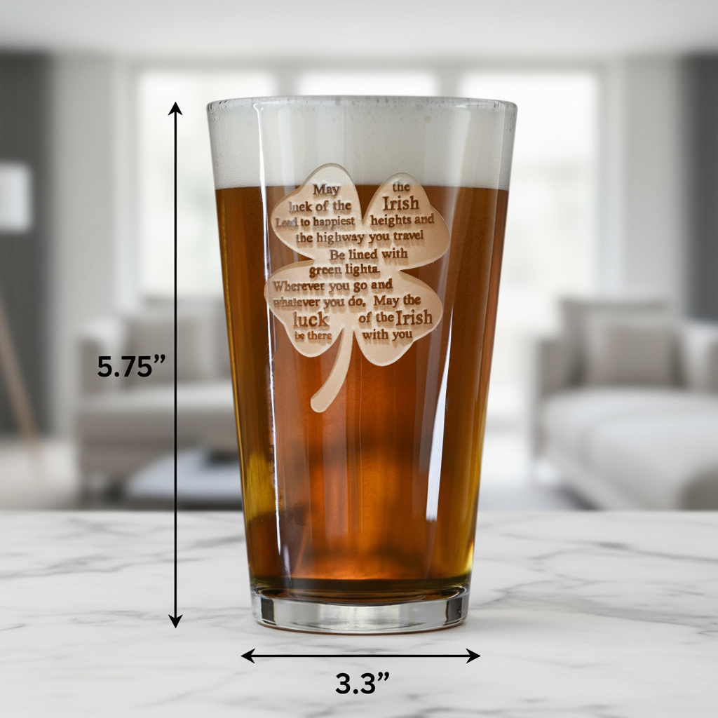 Shamrock Pub Personalized Pint Glass dimensions infographic showing 5.75 inches tall by 3.3 inches wide with 16 oz capacity