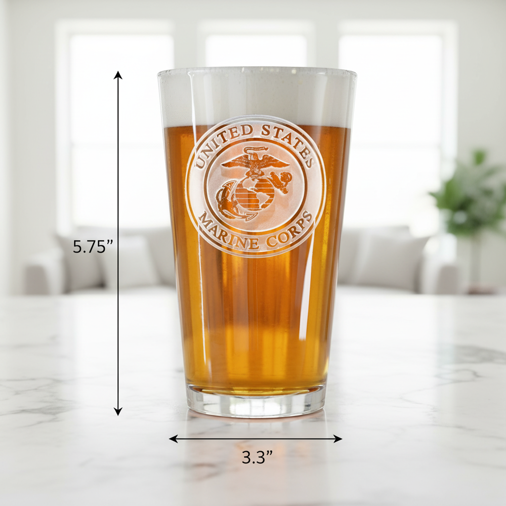 Devil Dog Personalized Pint Glass dimensions infographic showing 5.75 inches tall by 3.3 inches wide with 16 oz capacity