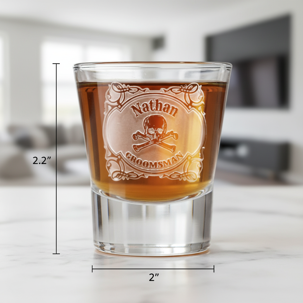 Crossbones Personalized Skull Shot Glass dimensions infographic showing 2.25 inches tall by 2 inches wide with 1.5 oz capacity