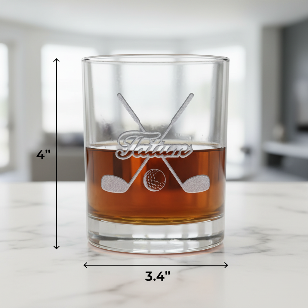 Fairway Golf Personalized Whiskey Glass dimensions infographic showing 4 inches tall by 3.4 inches wide with 11 oz capacity