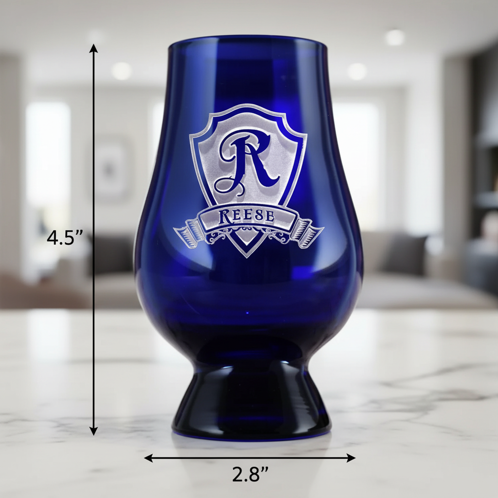 Sapphire Personalized Glencairn Glass dimensions infographic showing 4.5 inches tall by 2.8 inches wide with 6.5 oz capacity