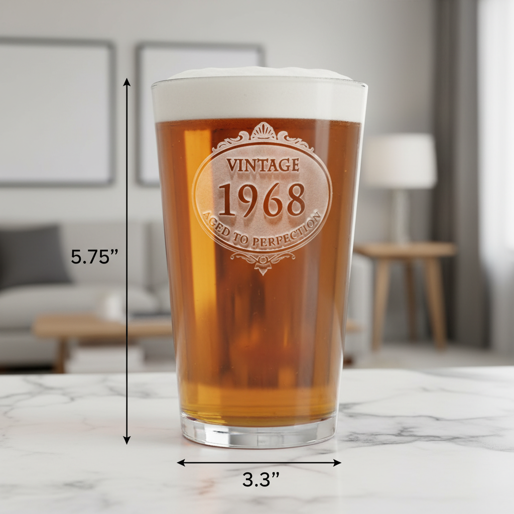 Vintage Birthday Beer Glass dimensions infographic showing 5.75 inches tall by 3.3 inches wide with 16 oz capacity