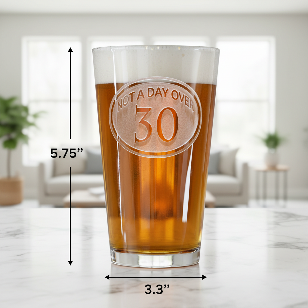 Milestone 30 Personalized Pint Glass dimensions infographic showing 5.75 inches tall by 3.3 inches wide with 16 oz capacity