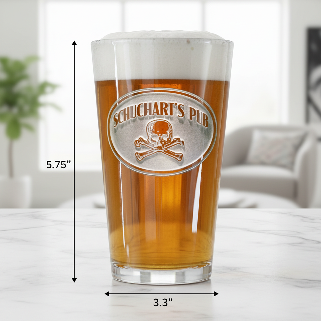 Jolly Roger Personalized Pint Glass dimensions infographic showing 5.75 inches tall by 3.3 inches wide with 16 oz capacity