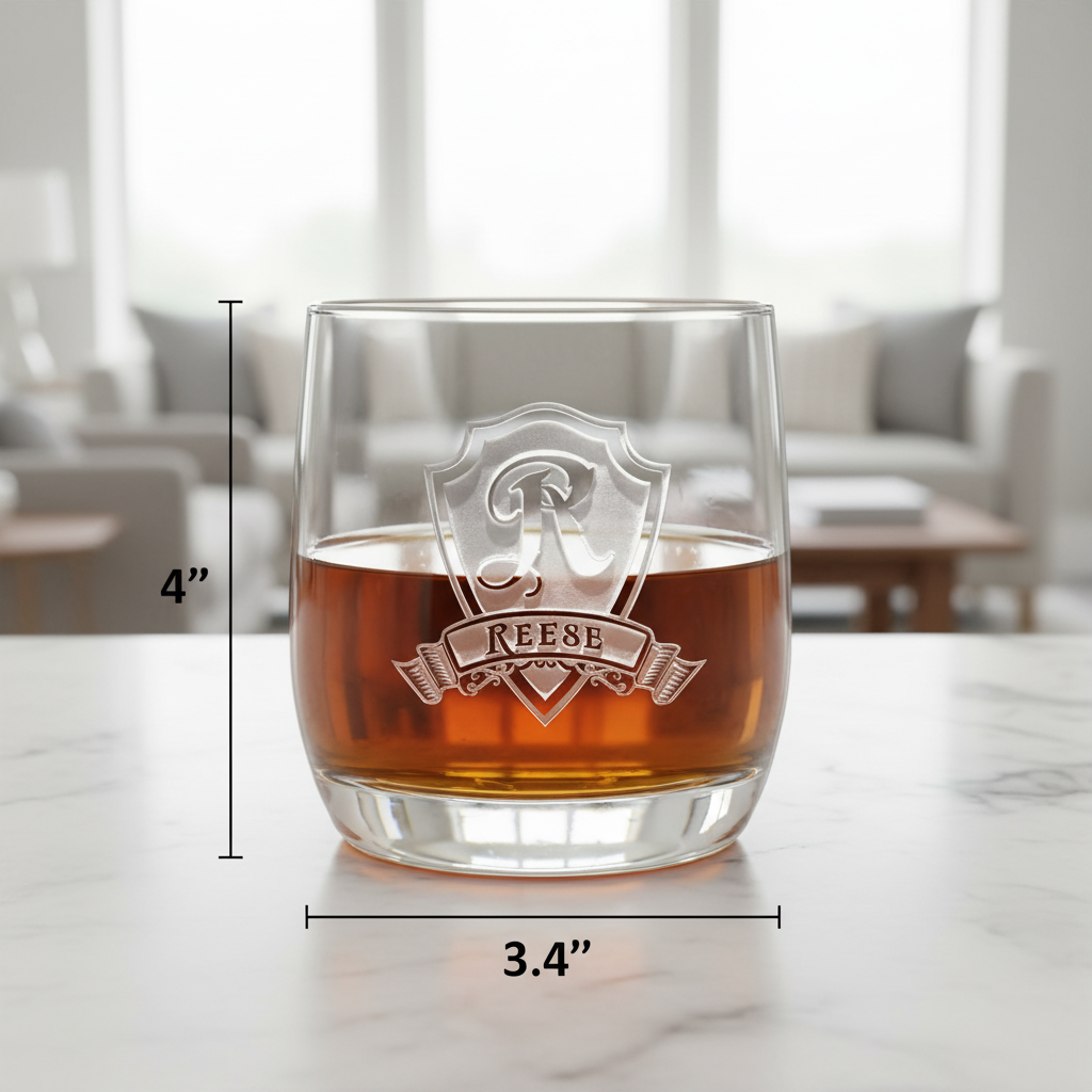 Heritage Shield Personalized Old Fashioned Glass dimensions infographic showing 4 inches tall by 3.4 inches wide with 11 oz capacity