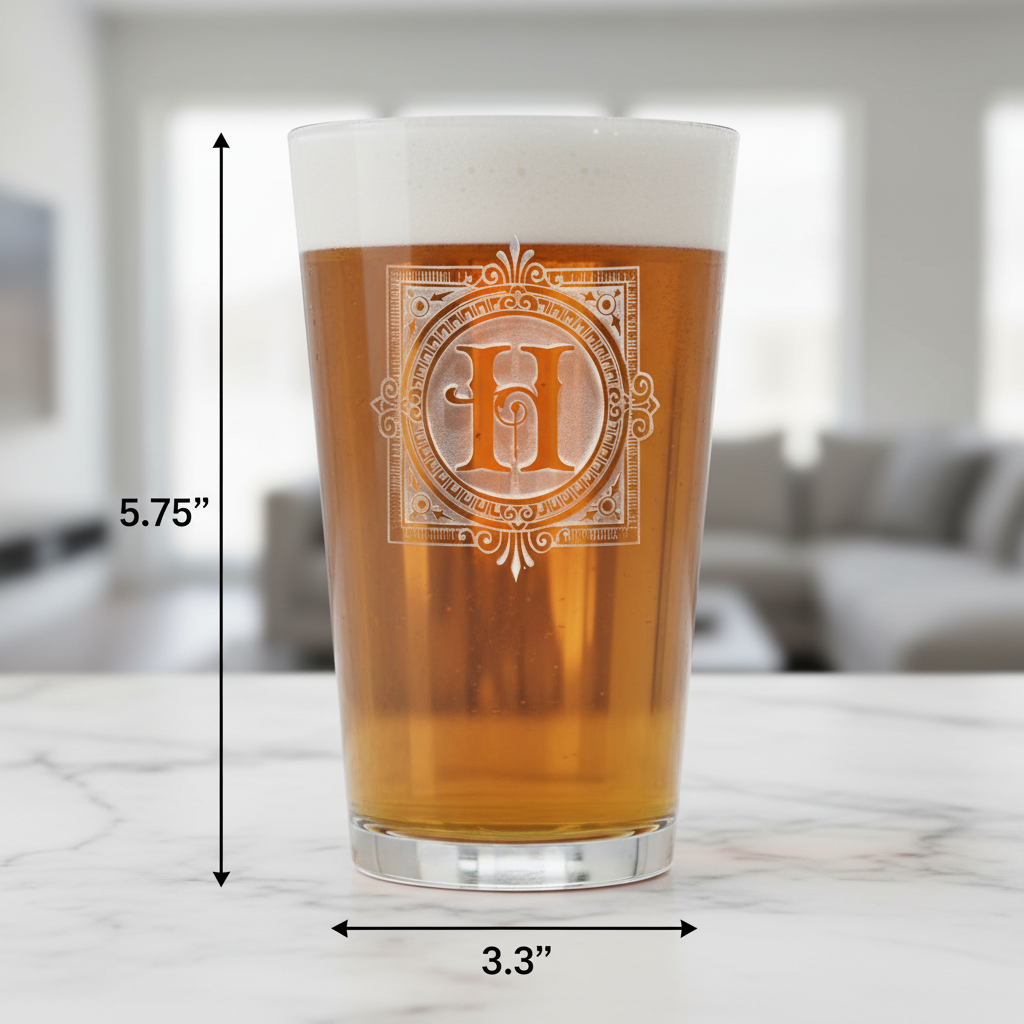 Standard Pub Personalized Monogram Pint Glass dimensions infographic showing 5.75 inches tall by 3.3 inches wide with 16 oz capacity