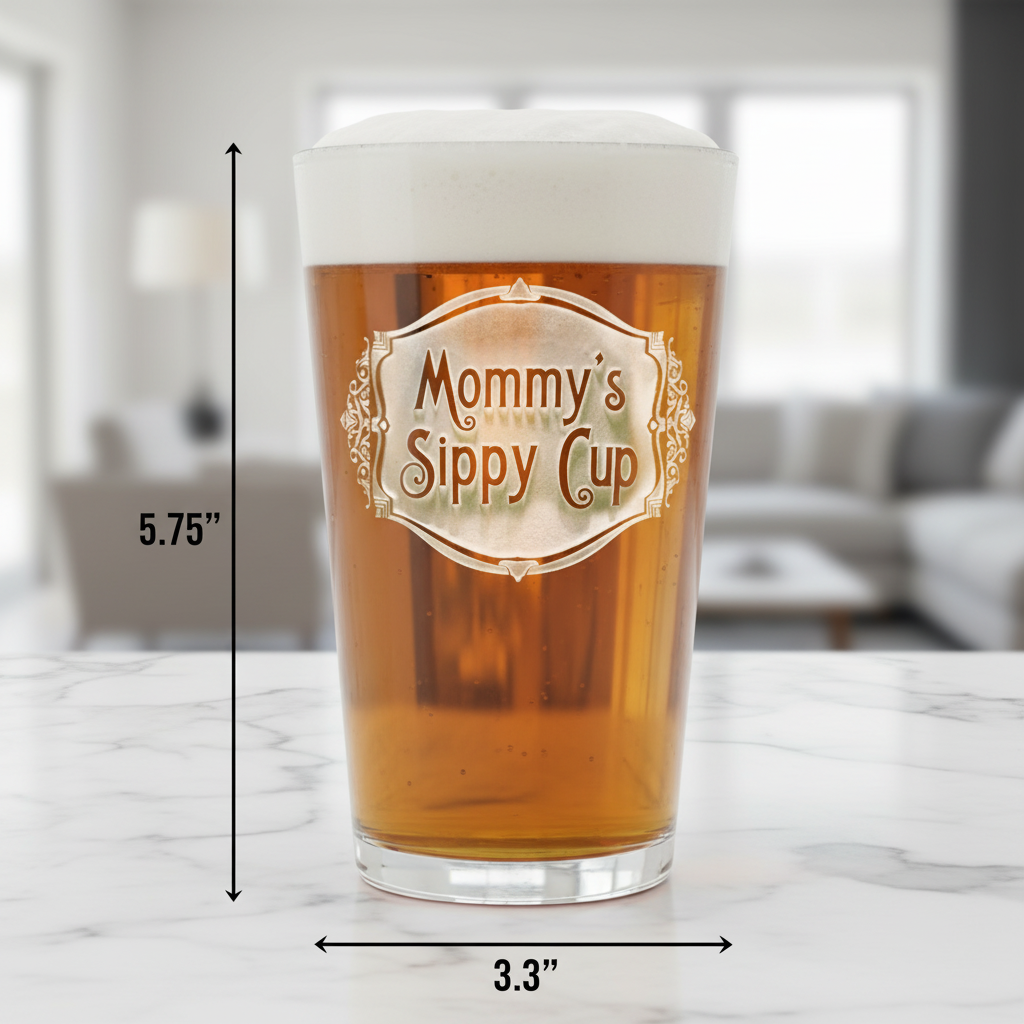 Big Boy Sippy Personalized Pint Glass dimensions infographic showing 5.75 inches tall by 3.3 inches wide with 16 oz capacity