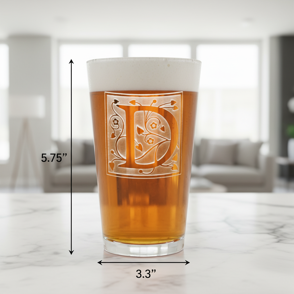 Insignia Personalized Initial Pint Glass dimensions infographic showing 5.75 inches tall by 3.3 inches wide with 16 oz capacity