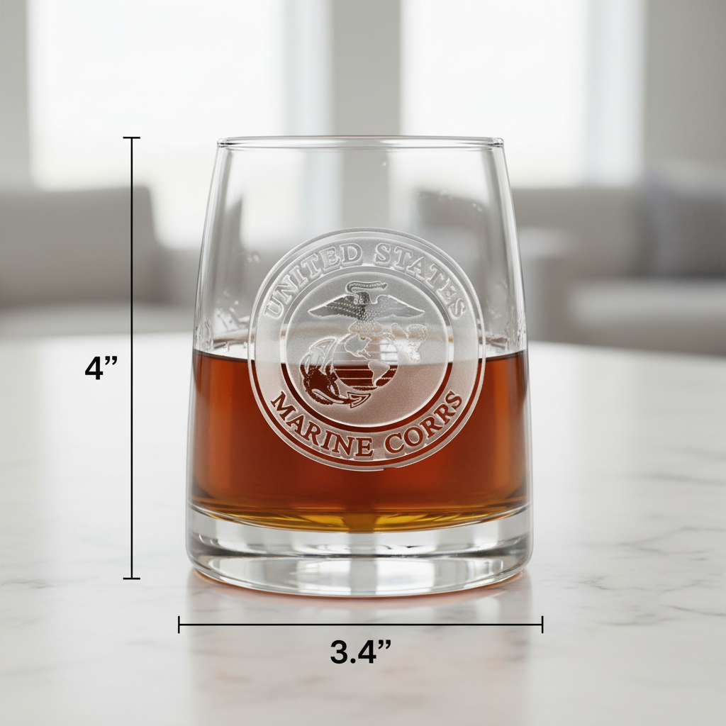 US Marine Corps Whiskey Glass dimensions infographic showing 4 inches tall by 3.4 inches wide with 11 oz capacity