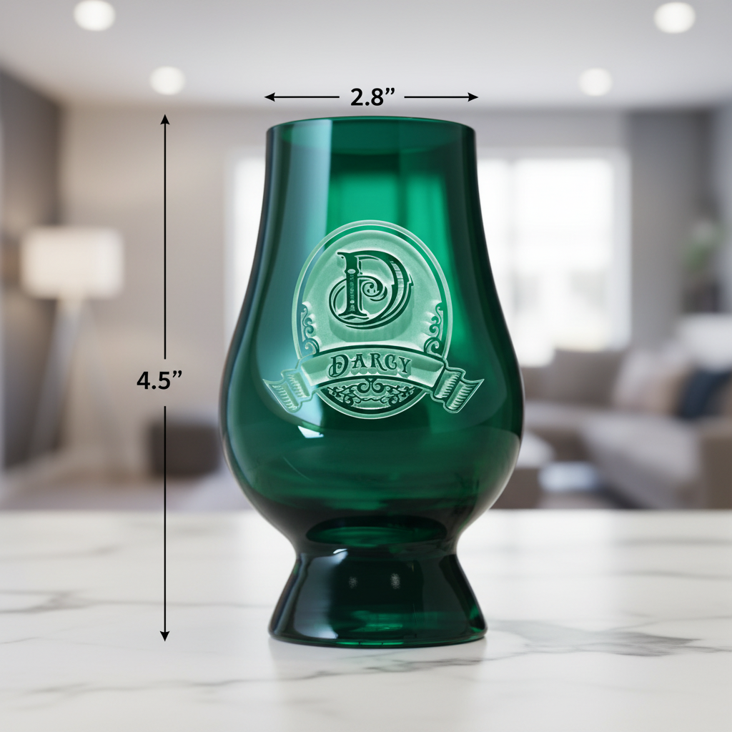 Pine Crest Personalized Glencairn Glass dimensions infographic showing 4.5 inches tall by 2.8 inches wide with 6.5 oz capacity