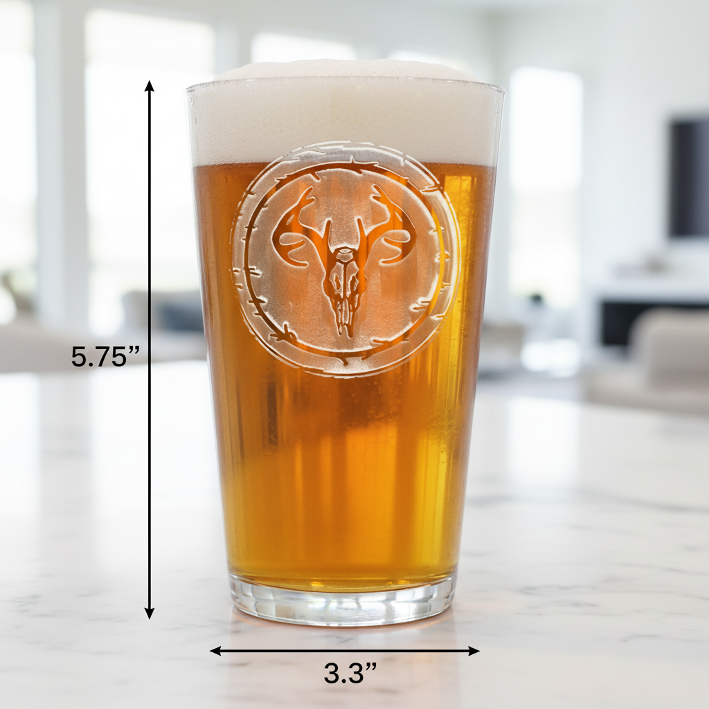 Trophy Buck Personalized Pint Glass dimensions infographic showing 5.75 inches tall by 3.3 inches wide with 16 oz capacity