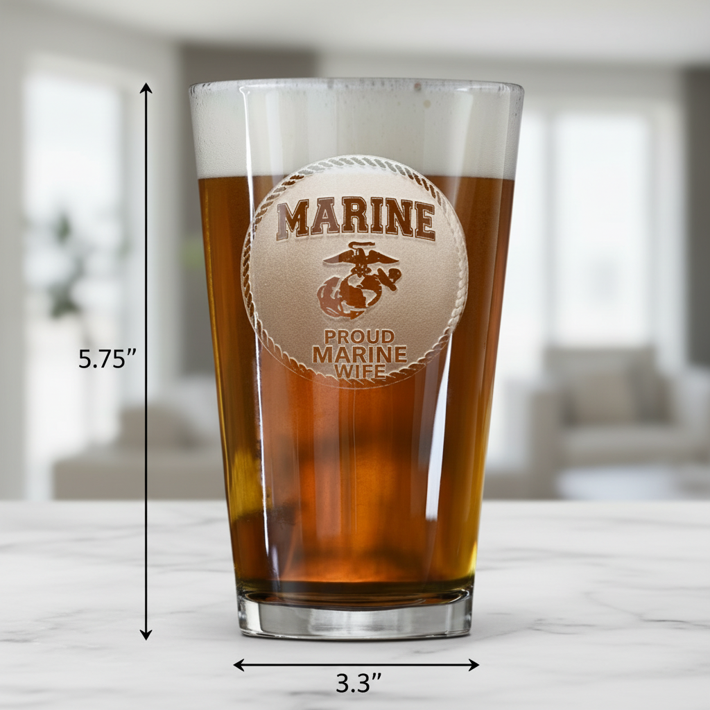 Devil Dog Wife Personalized Pint Glass dimensions infographic showing 5.75 inches tall by 3.3 inches wide with 16 oz capacity