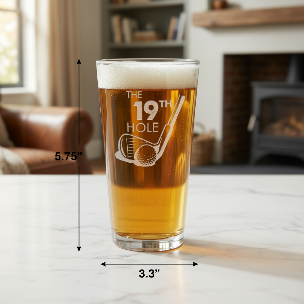 Tee Box Personalized Golf Pint Glass dimensions infographic showing 5.75 inches tall by 3.3 inches wide with 16 oz capacity