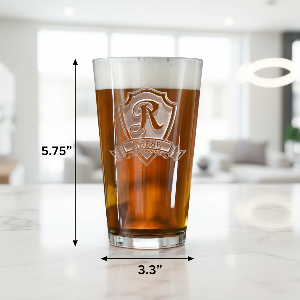 Monogram Shield Personalized Pint Glass dimensions infographic showing 5.75 inches tall by 3.3 inches wide with 16 oz capacity