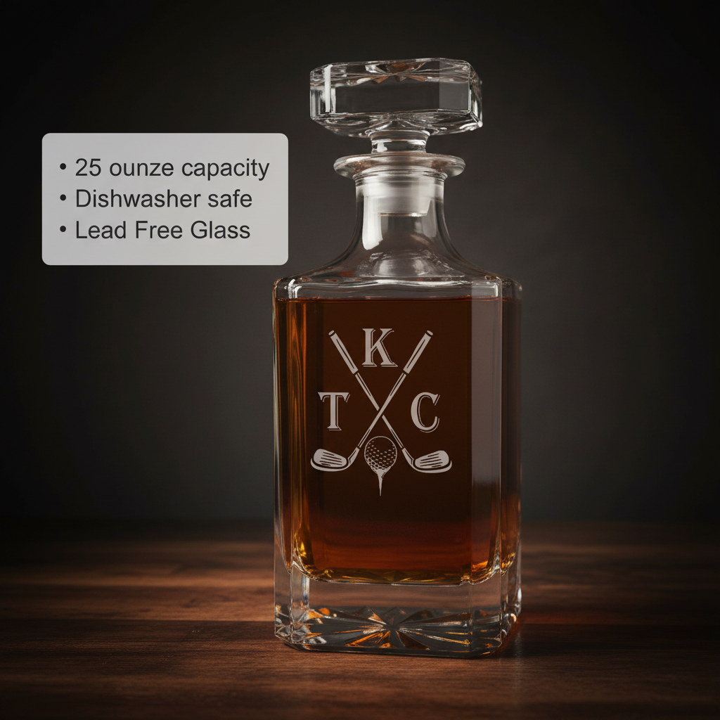 Whiskey decanter with laser-engraved sample initials "K T C" and crossed golf clubs design, 25-ounce lead-free glass with stopper