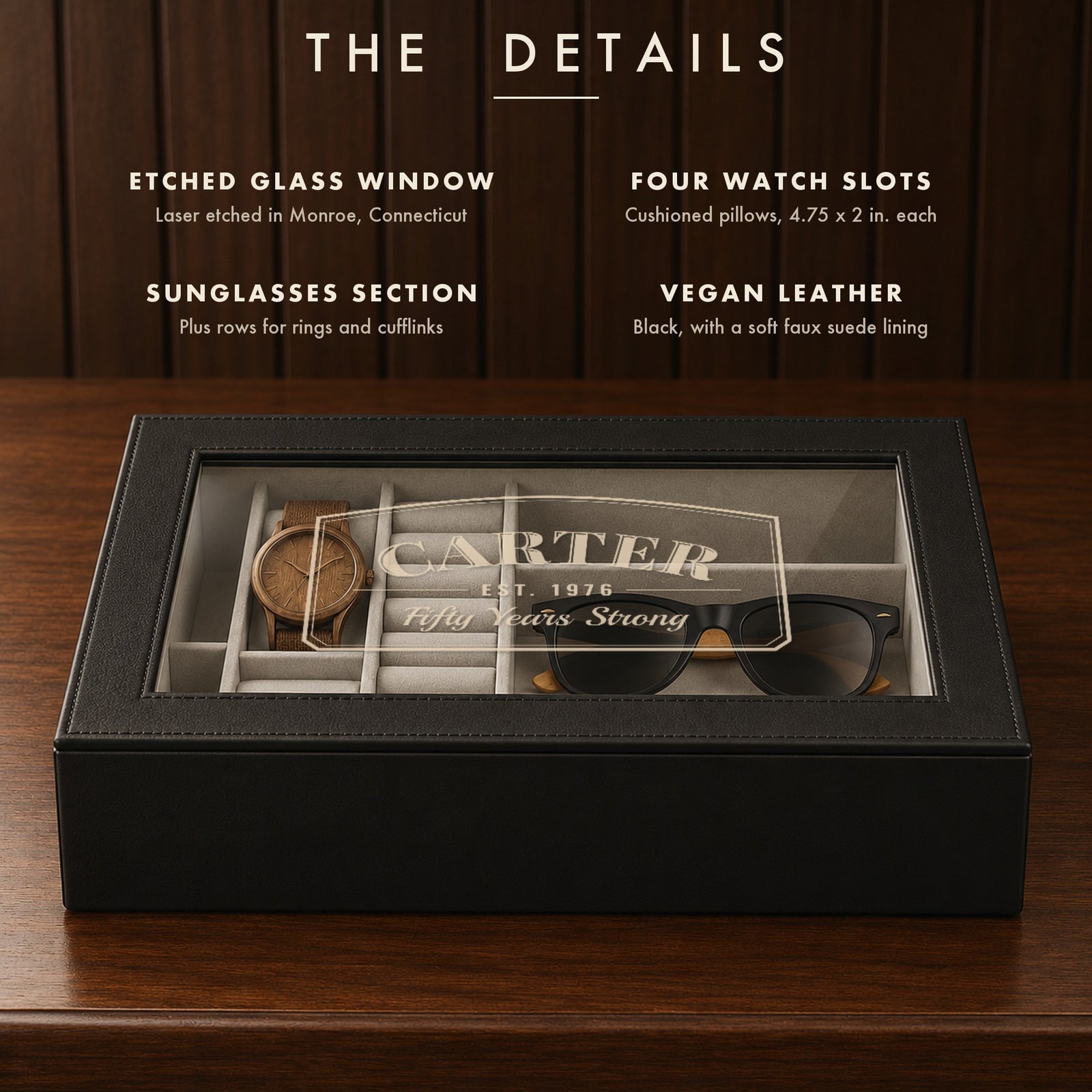 Details card for the engraved 50th birthday watch box: etched glass window, four watch slots, sunglasses section and black vegan leather