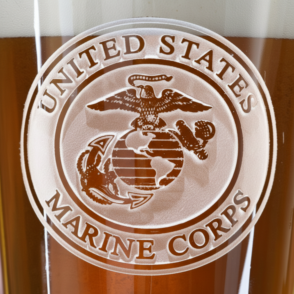 Close-up macro of Devil Dog Personalized Pint Glass showing the sand-carved 3D depth of the stock US Marine Corps emblem design
