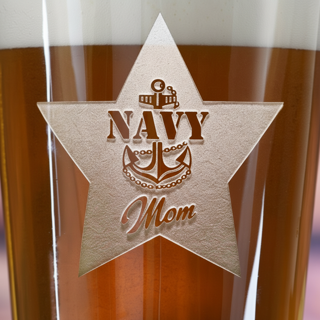 Close-up macro of Navy Mom Pint Glass showing the sand-carved 3D depth of the stock 'Navy Mom' star design with anchor