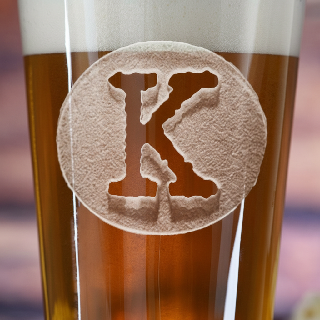 Close-up macro of Initial Circle Personalized Pint Glass showing the sand-carved 3D depth of the single bold initial inside circular frame