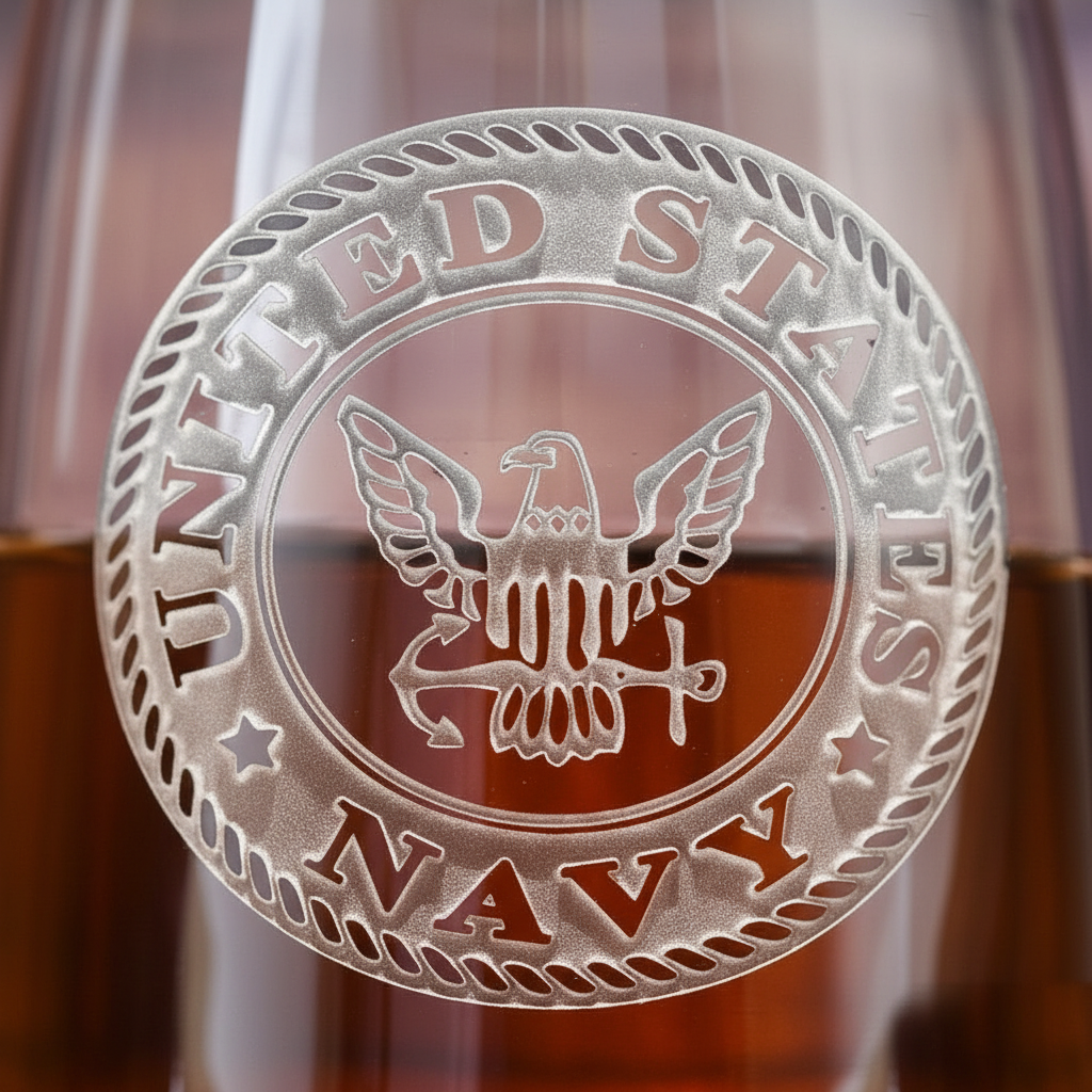 Close-up macro of US Navy Seal Whiskey Glass showing the sand-carved 3D depth of the official US Navy seal