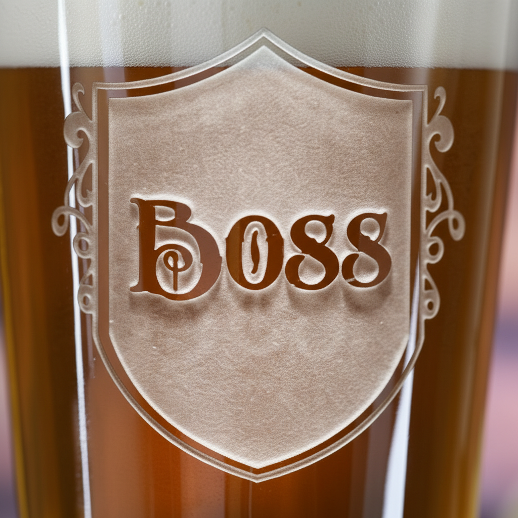 Close-up macro of Big Boss Personalized Pint Glass showing the sand-carved 3D depth of the stock 'BOSS' heraldic shield design