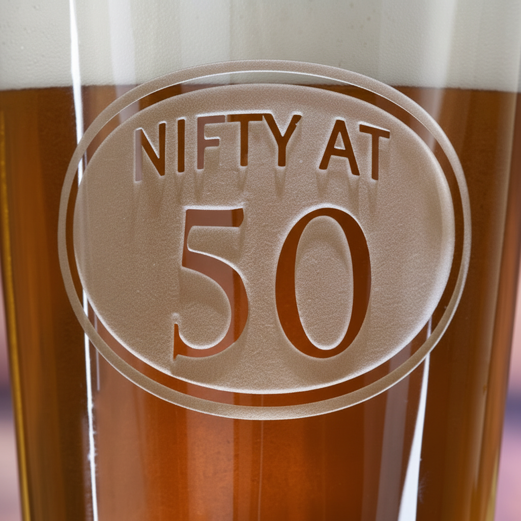 Close-up macro of Half Century Personalized Pint Glass showing the sand-carved 3D depth of the stock 'NIFTY AT 50' design
