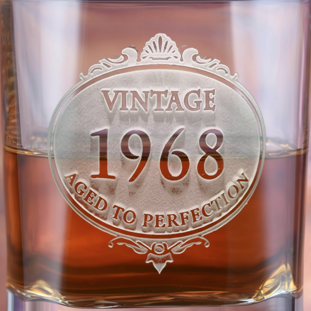 Close-up macro of Vintage Year Whiskey Glass showing the sand-carved 3D depth of the stock 'Vintage [year] Aged to Perfection' design