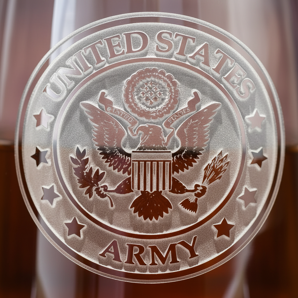 Close-up macro of US Army Seal Whiskey Glass showing the sand-carved 3D depth of the official US Army seal