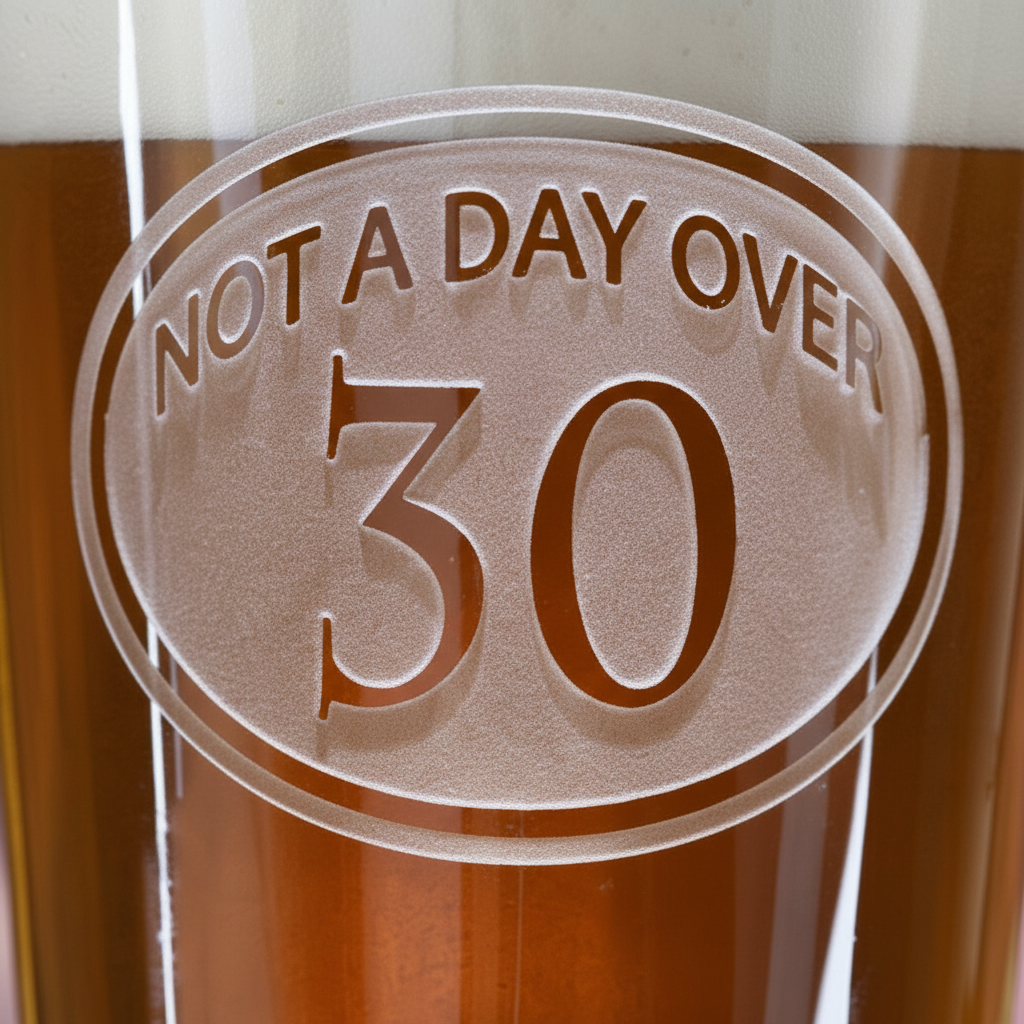 Close-up macro of Milestone 30 Personalized Pint Glass showing the sand-carved 3D depth of the stock 'NOT A DAY OVER 30' design