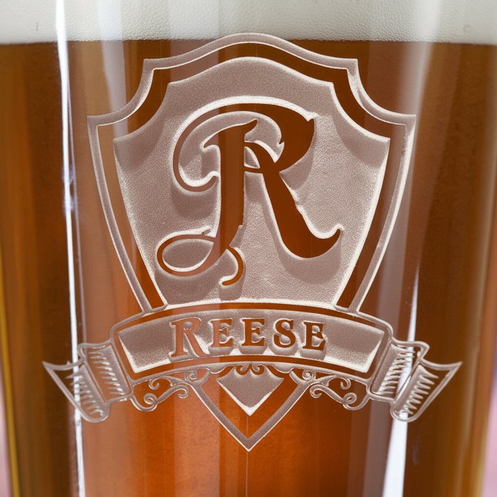 Close-up macro of Monogram Shield Personalized Pint Glass showing the sand-carved 3D depth of the heraldic shield with initial and name banner