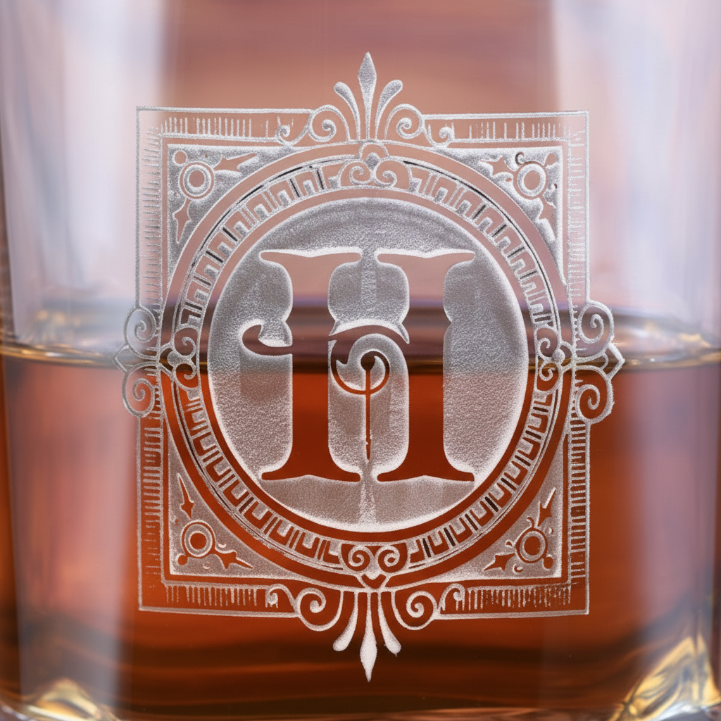 Close-up macro of Mountain Sham Personalized Bourbon Glass showing the sand-carved 3D depth of the single ornate initial in decorative square frame