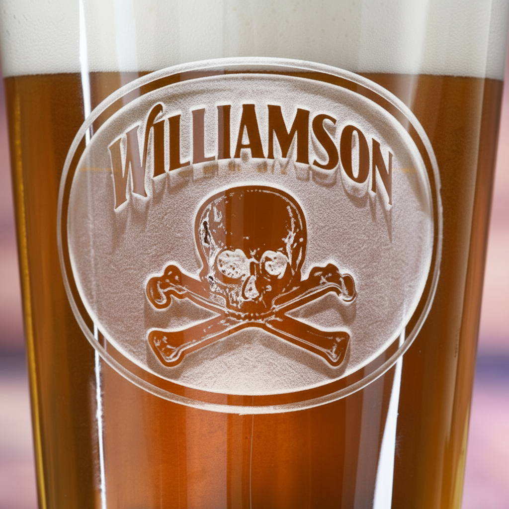 Close-up macro of Crossbones Personalized Pint Glass showing the sand-carved 3D depth of the arched name with skull and crossed bones