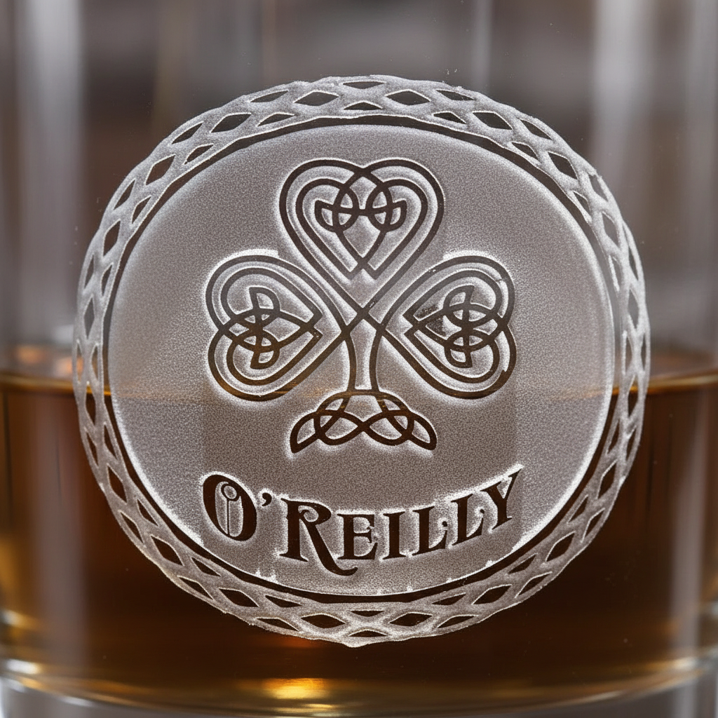 Close-up macro of Celtic Shamrock Personalized Whiskey Glass showing the sand-carved 3D depth of the Celtic shamrock medallion with family name