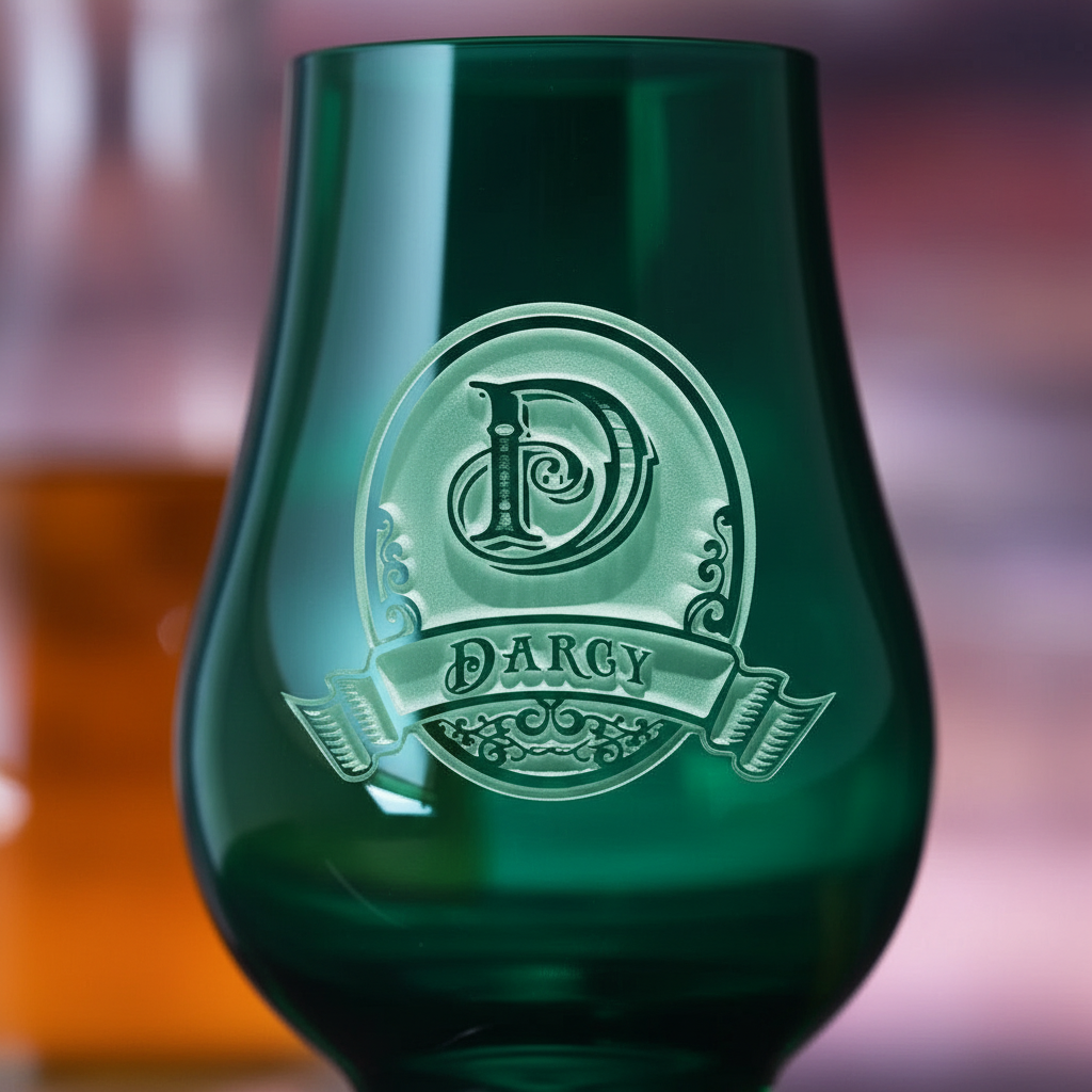 Close-up macro of Pine Crest Personalized Glencairn Glass showing the sand-carved 3D depth of the single initial in oval medallion with family name banner on a green Glencairn glass