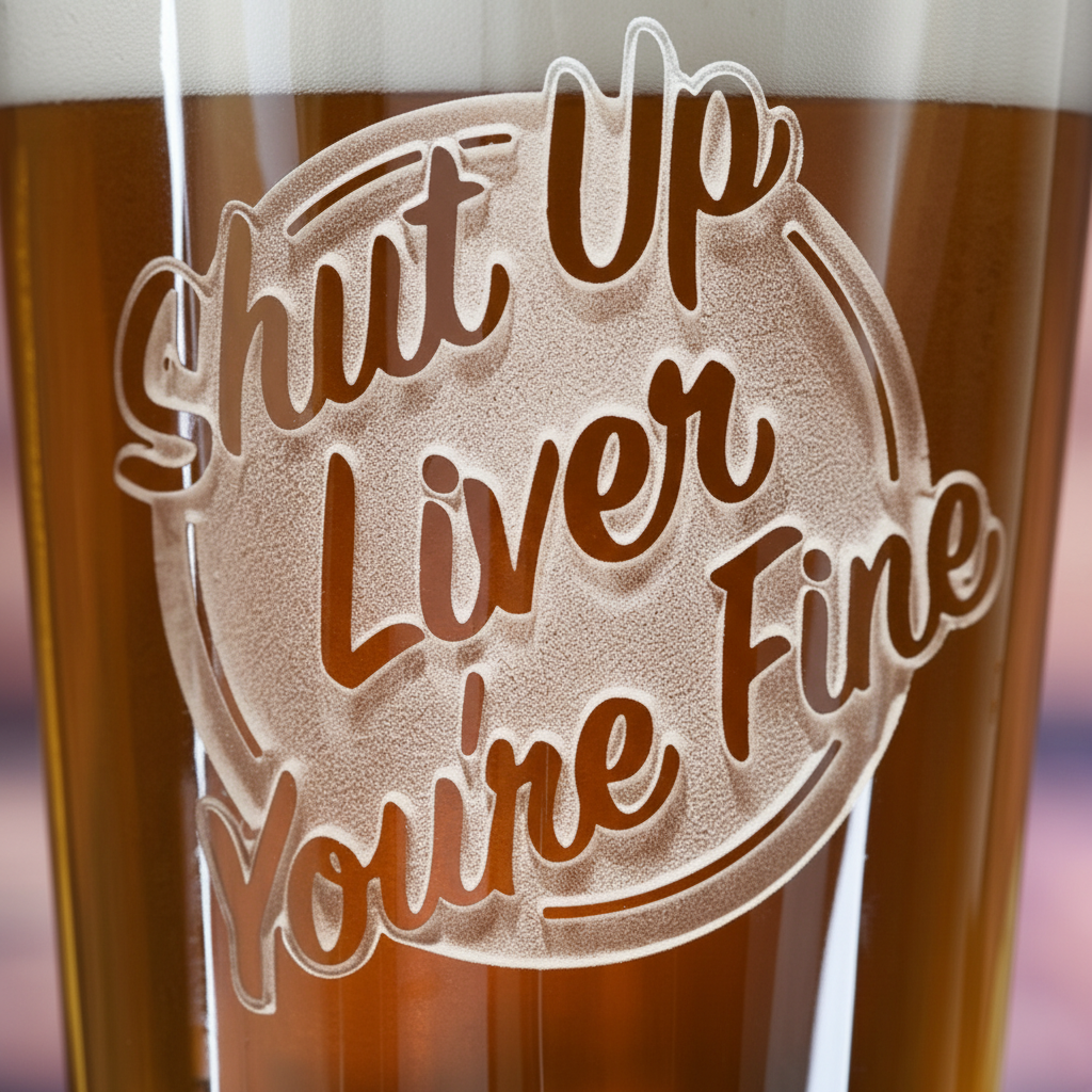 Close-up macro of Shut Up Liver Pint Glass showing the sand-carved 3D depth of the stock 'Shut Up Liver You're Fine' design