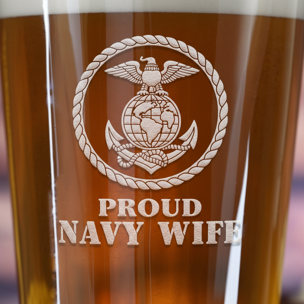 Close-up macro of Sailor Spouse Navy Personalized Pint Glass showing the sand-carved 3D depth of the stock Navy spouse design