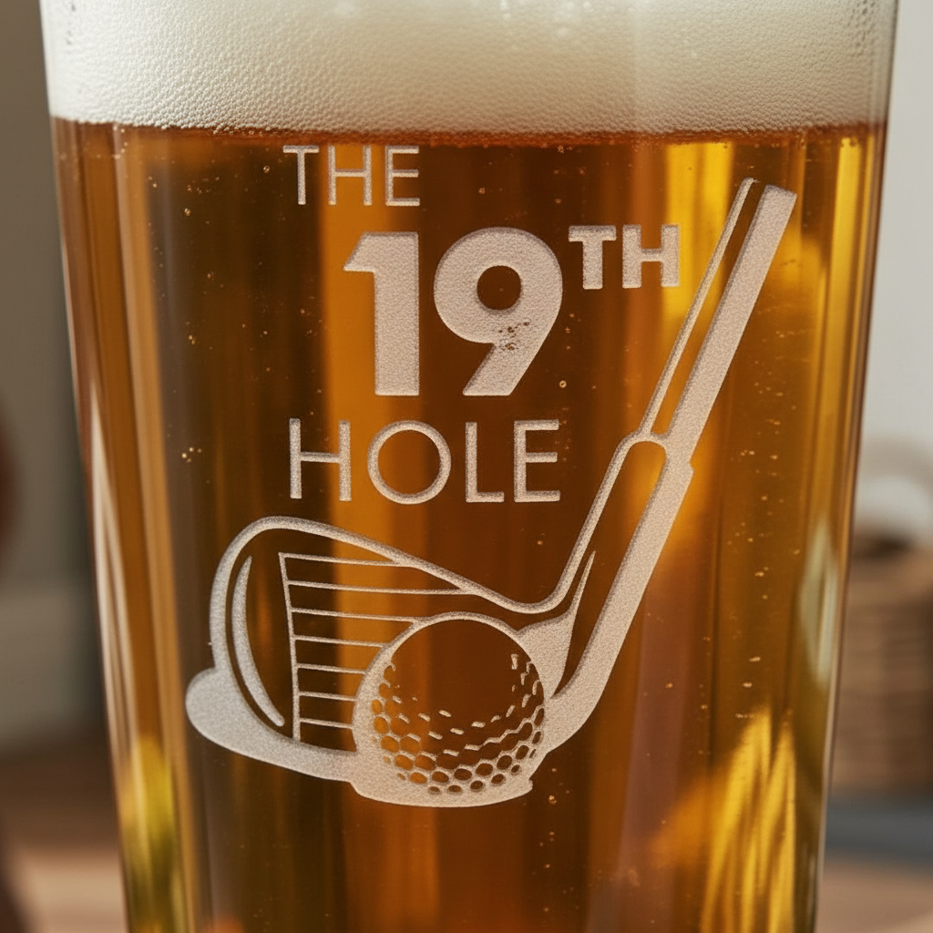 Close-up macro of Tee Box Personalized Golf Pint Glass showing the sand-carved 3D depth of the stock '19th Hole' golf design