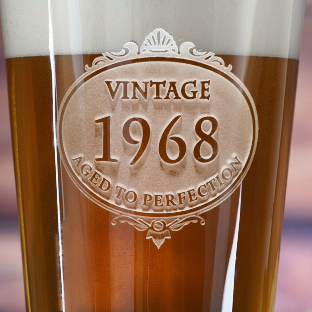 Close-up macro of Vintage Birthday Beer Glass showing the sand-carved 3D depth of the stock 'Vintage [year]' aged-to-perfection design
